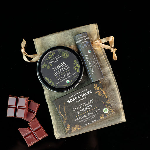 Chagrin Valley Soap & Salve Gift: Soap Sample with Lip Balm & Lotion Bar Gift Rosy Brown Chocolate Theme