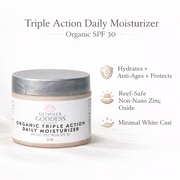 Glimmer Goddess® Organic Skin Care Triple Action Daily Moisturizer – Organic SPF 30 Face Moisturizers White Smoke 2 oz. JAR / Lightly scented,2 oz. JAR / Unscented – great for extra-sensitive skin,2 oz. Airless Bottle - SUMMER VERSION / Lightly scented,2 oz. Airless Bottle - SUMMER VERSION / Unscented – great for extra-sensitive skin