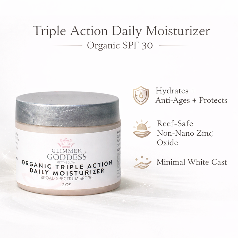 Glimmer Goddess® Organic Skin Care Triple Action Daily Moisturizer – Organic SPF 30 Face Moisturizers White Smoke 2 oz. JAR / Lightly scented,2 oz. JAR / Unscented – great for extra-sensitive skin,2 oz. Airless Bottle - SUMMER VERSION / Lightly scented,2 oz. Airless Bottle - SUMMER VERSION / Unscented – great for extra-sensitive skin