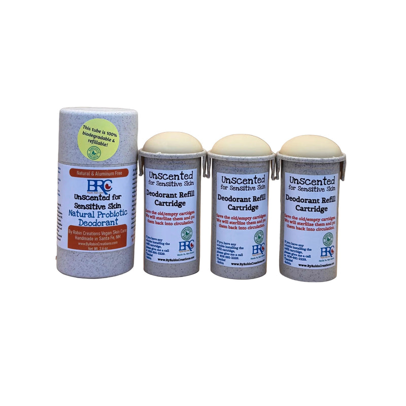 By Robin Creations Natural Probiotic Deodorant Stick Deodorant & Body Care White Smoke Unscented (Sensitive Skin) / 1 Full Tube + 3 Refills