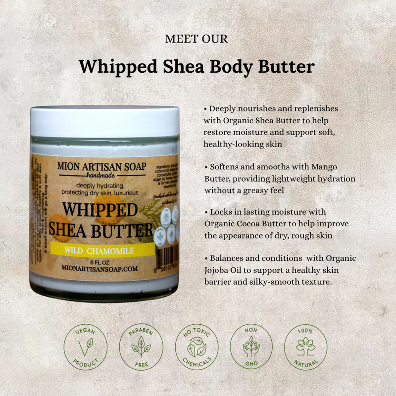 MION Artisan Soap Co. Whipped Shea Butter | Deeply Hydrating and Rejuvenating Light Gray Lavender & Lemon,Eucalyptus & Peppermint,French Vanilla,Pink Grapefruit,Turmeric Root Infusion,Wild Chamomile