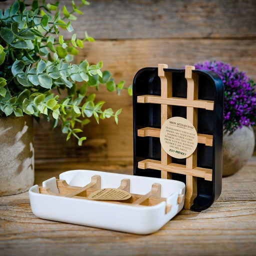 MION Artisan Soap Co. Eco-Friendly Bamboo Soap Dish With Tray | Non-Plastic Dim Gray White,Black