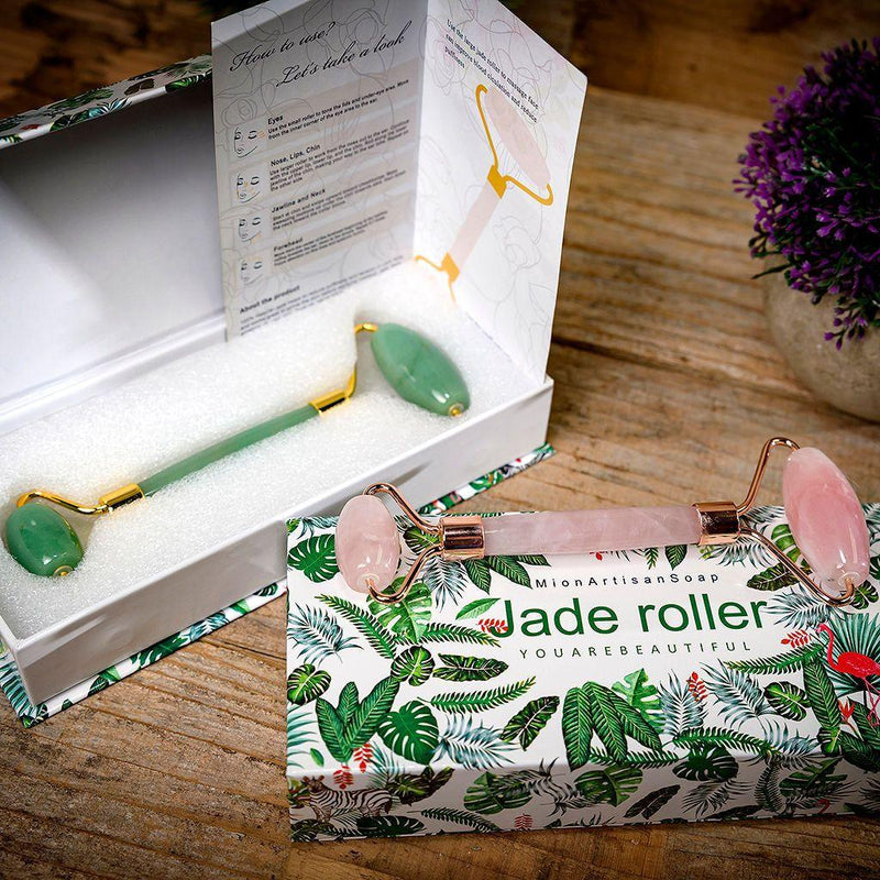 MION Artisan Soap Co. Jade Roller | Stimulates Circulation Gray Jade - Green,Quartz - Pink