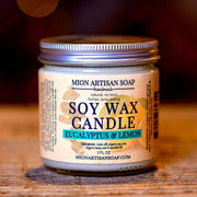 MION Artisan Soap Co. Eucalyptus and Lemon Soy Wax Candle | Long Lasting | 100% Natural Rosy Brown