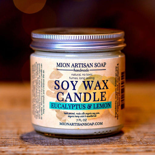 MION Artisan Soap Co. Eucalyptus and Lemon Soy Wax Candle | Long Lasting | 100% Natural Rosy Brown