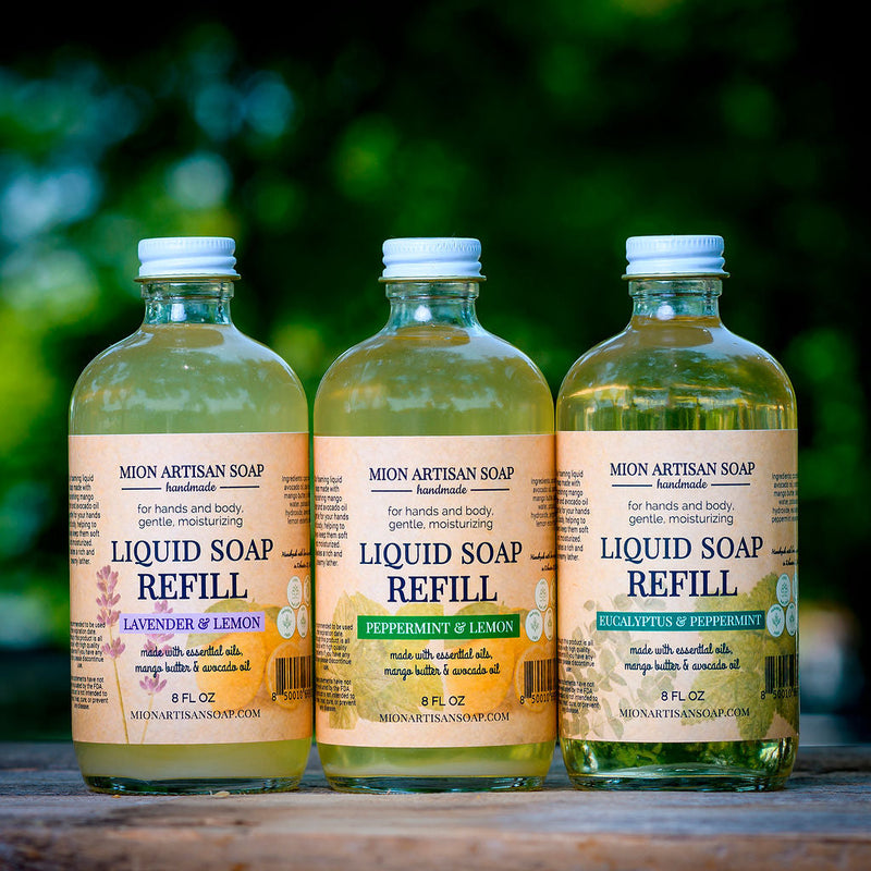 MION Artisan Soap Co. Liquid Soap Refill | Luxurious Foam for Hand & Body Black Citrus Blossom,Rose Blossom,Lavender & Lemon,Eucalyptus & Peppermint,Peppermint & Lemon,Pine & Cedar,Clove & Grapefruit