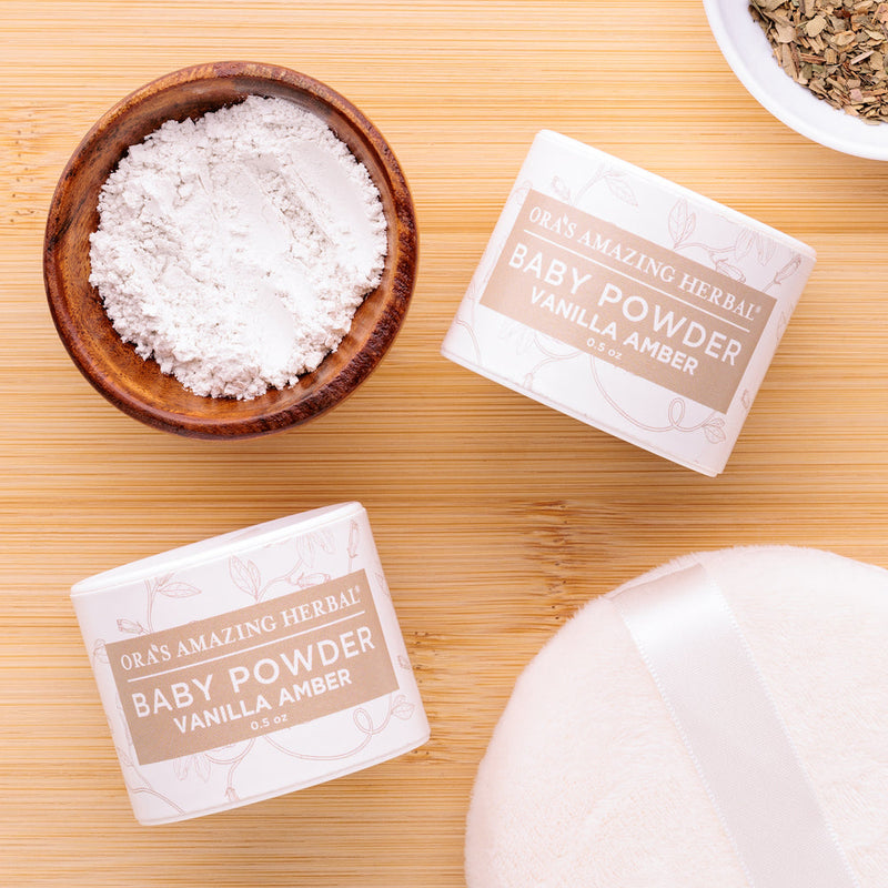 Ora's Amazing Herbal Talc Free Baby Powder, Real Vanilla Amber Misty Rose Travel 2 Pack (0.5 oz x 2)