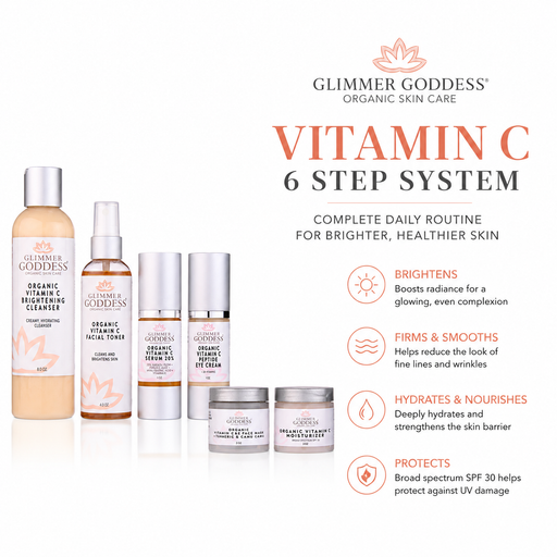 Glimmer Goddess® Organic Skin Care Vitamin C 6-Step Anti-Aging System – Complete Brightening Routine with SPF 30 Gift Packs & Value Sets White Smoke 6 Pc System