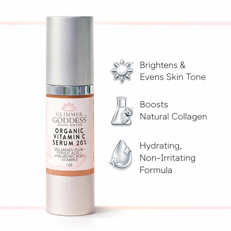 Glimmer Goddess® Organic Skin Care Organic Vitamin C Serum 20% – Brightening Treatment with Hyaluronic & Ferulic Acid Serums White Smoke