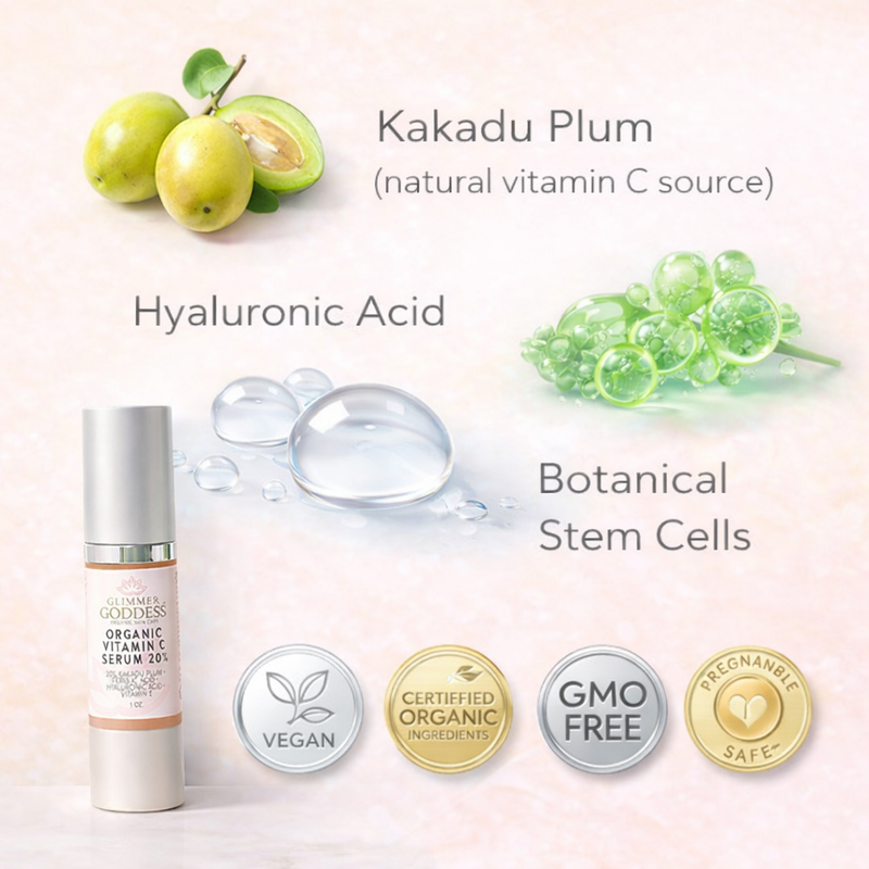 Glimmer Goddess® Organic Skin Care Organic Vitamin C Serum 20% – Brightening Treatment with Hyaluronic & Ferulic Acid Serums White Smoke