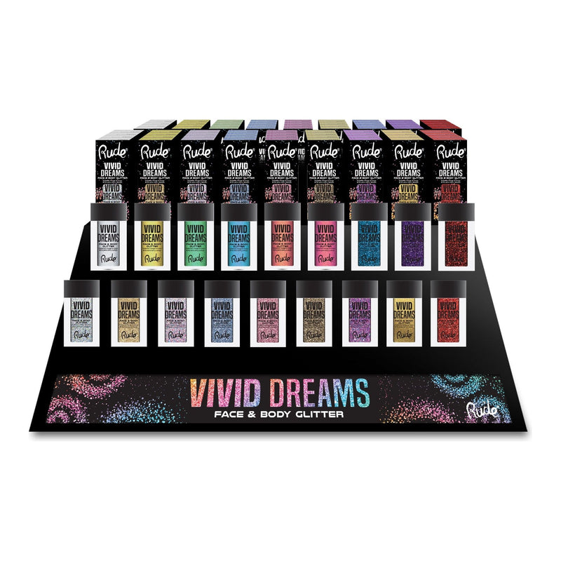 Rude Cosmetics Vivid Dreams Face and Body Glitter Display Set, 108pcs Wholesale Set Black