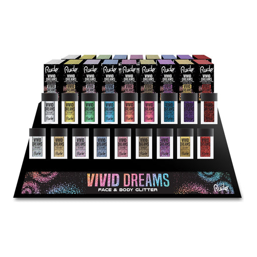 Rude Cosmetics Vivid Dreams Face and Body Glitter Display Set, 108pcs Wholesale Set Black