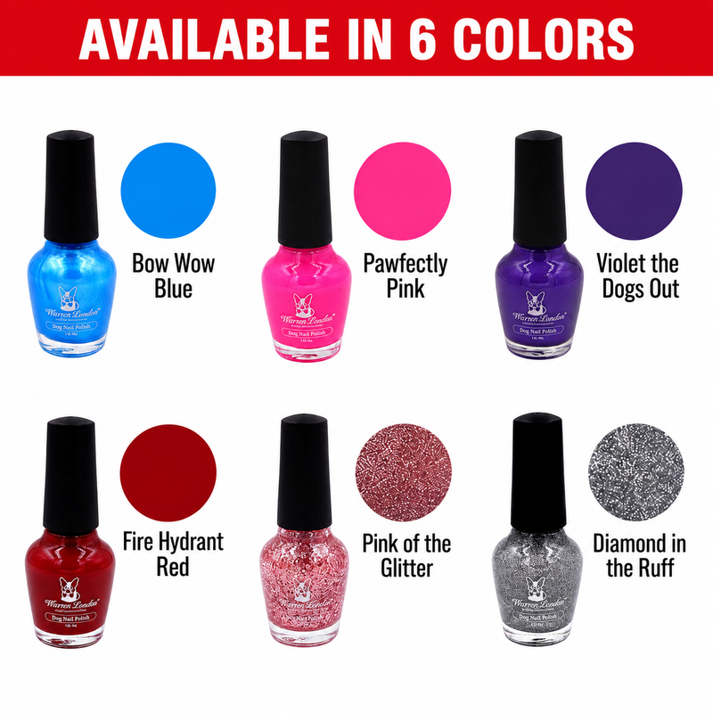 Warren London Dog Nail Polish - Polish Bottles with Brush Dog Nail Polish White Smoke Pawfectly Pink,Violet The Dogs Out Purple,Fire Hydrant Red,Bow Wow Blue,Pink Of The Glitter Sparkle Pink,Diamond In the Ruff Sparkle Silver,Set of All Six Colors