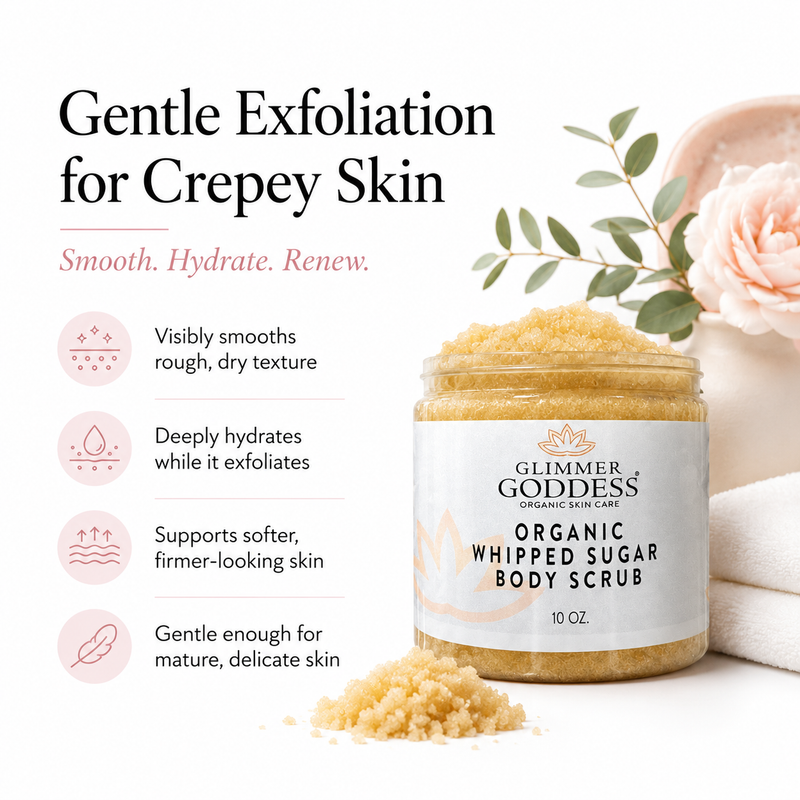Glimmer Goddess® Organic Skin Care Organic Whipped Sugar Body Scrub 10 oz – Crepey Skin Treatment & Exfoliator Cleansers & Scrubs White Smoke Lavender Lemon,Autumn Breeze,Candy Cane,Christmas Cookie,Cinnamon Apple,Citrus Crush,Coastal Reverie,Enchanted Forest,Love Potion No. 9,Midnight Romance,Neroli (Sweet Orange),Orange Creamsicle,Passion Bloom,Peach Bellini,Rosemary - Eucalyptus - Tangerine,