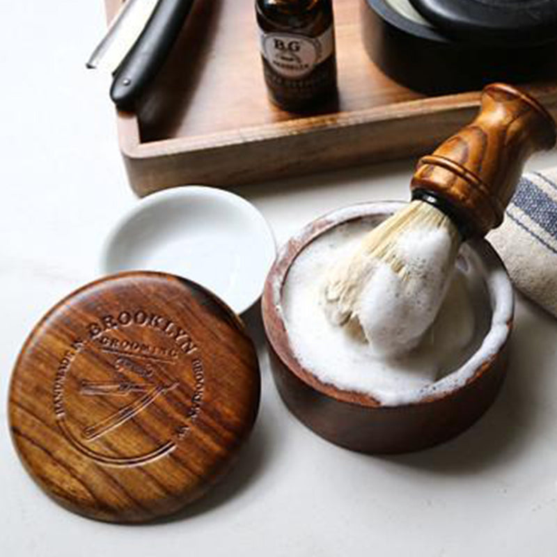 Brooklyn Grooming Wood Shaving Bowl - Dark Oak Shaving Bowl Light Gray