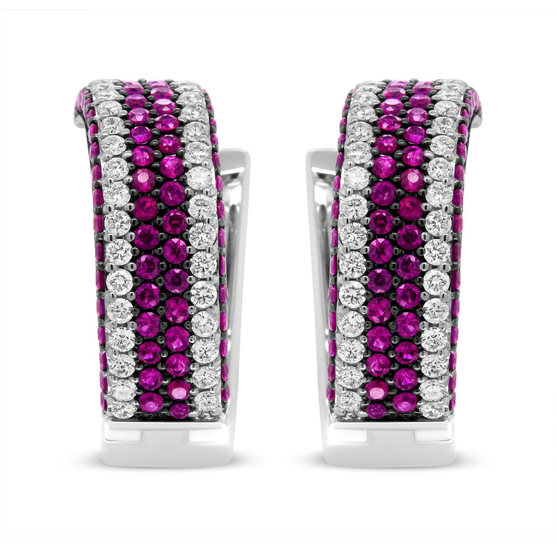 Bids.com 18K White Gold 1 7/8 Cttw Diamond and 1mm Round Red Ruby Open Swish Hoop Earrings (F-G Color, VS1-VS2 Clarity) Earrings White Smoke White.Gold / 1.85
