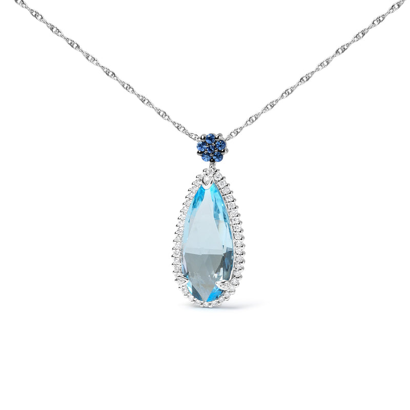 Bids.com 18K White Gold 3/8 Cttw Pave Set Diamond and Sky Blue Topaz and Blue Sapphire Gemstone Floral Teardrop Halo 18" Pendant Necklace (G-H Color, SI2-I1 Clarity) Necklaces White Smoke White.Gold / 18