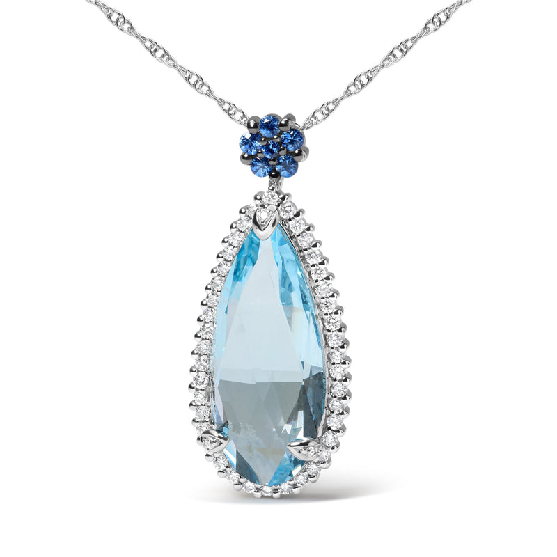 Bids.com 18K White Gold 3/8 Cttw Pave Set Diamond and Sky Blue Topaz and Blue Sapphire Gemstone Floral Teardrop Halo 18" Pendant Necklace (G-H Color, SI2-I1 Clarity) Necklaces White Smoke White.Gold / 18