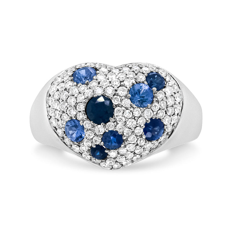 Bids.com 18K White Gold Blue Sapphire and 5/8 Cttw Diamond Cluster Heart Shaped  Ring (F-G Color, VS1-VS2 Clarity) - Size 7.5 Rings White Smoke 7.5 / White.Gold