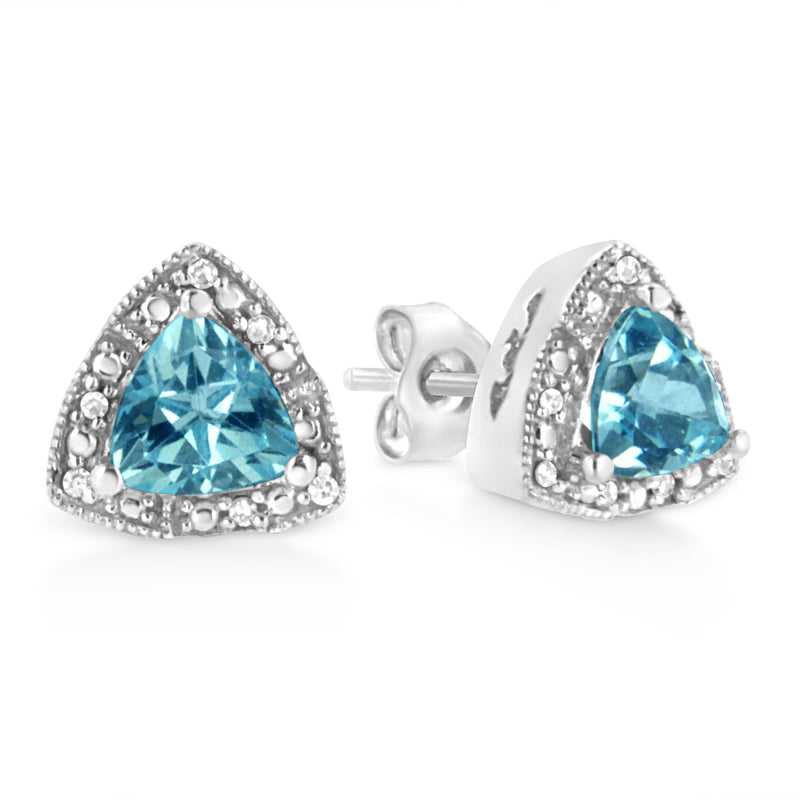 Bids.com .925 Sterling Silver 6x6 mm Trillion Cut Blue Topaz Gemstone and Diamond Accent Stud Earring (I-J Color, I1-I2 Clarity) Earrings White Smoke White.Sterling Silver / 0.048