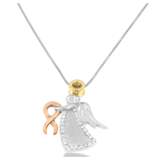 Bids.com 10K Tri-Color Gold Diamond-Accented Angel Awareness Ribbon Pendant Necklace (H-I Color, I1-I2 Clarity) Necklaces White Smoke YellowWhiteRose.Gold / 18