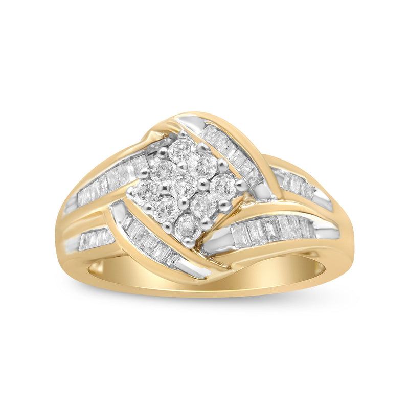 Bids.com 10K Yellow and White Gold 3/4 Cttw Diamond Cluster and Swirl Ring (H-I Color, I1-I2 Clarity) Rings White Smoke 7 / YellowWhite.Gold