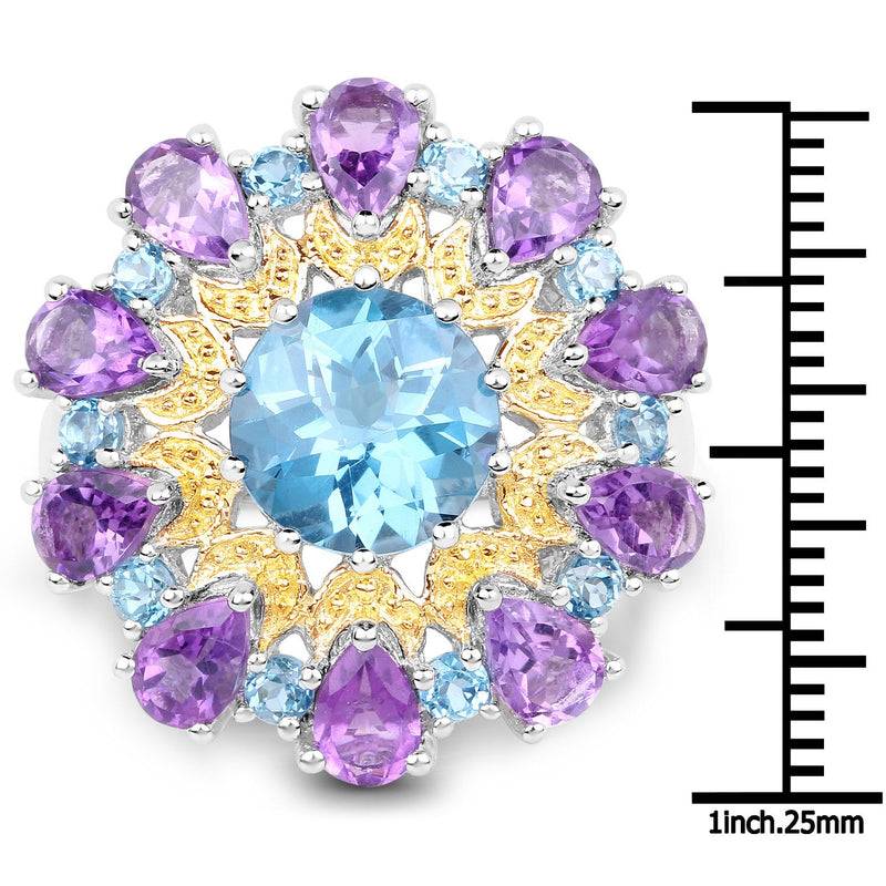 Bids.com 8.86 Carat Genuine London Blue Topaz and Amethyst .925 Sterling Silver Ring Rings White Smoke size 7.00,size 8.00,size 6.00,size 9.00