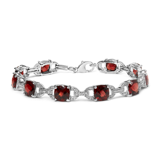 Bids.com .925 Sterling Silver 7x7mm Checkered Cushion Red Garnet and Diamond Accent Fashion Tennis Link Bracelet (I-J Color, I1-I2 Clarity) - Size 7" Inch Bracelets White Smoke White.Sterling Silver / 7