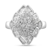 Bids.com 14K White Gold 7/8 Cttw Round and Baguette-Cut Diamond Cluster Ring (H-I Color, SI2-I1 Clarity) - Size 7 Rings White Smoke 7 / White.Gold
