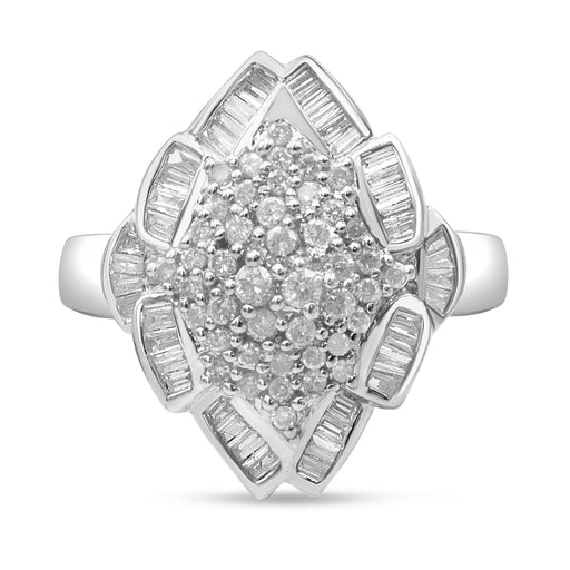 Bids.com 14K White Gold 7/8 Cttw Round and Baguette-Cut Diamond Cluster Ring (H-I Color, SI2-I1 Clarity) - Size 7 Rings White Smoke 7 / White.Gold