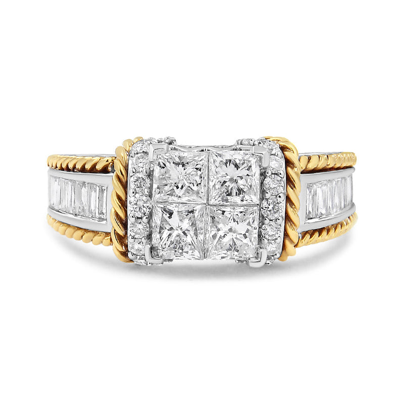 Bids.com 14K White and Yellow Gold 1 1/2 Cttw Invisible Set Princess-Cut Diamond Quad Style Engagement Ring (H-I Color, SI2-I1 Clarity) - Ring Size 7 Rings Gray 7 / YellowWhite.Gold