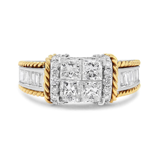 Bids.com 14K White and Yellow Gold 1 1/2 Cttw Invisible Set Princess-Cut Diamond Quad Style Engagement Ring (H-I Color, SI2-I1 Clarity) - Ring Size 7 Rings Gray 7 / YellowWhite.Gold