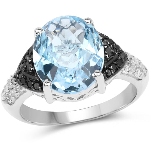 Bids.com 5.37 Carat Genuine Swiss Blue Topaz, Black Diamond & White Topaz .925 Sterling Silver Ring Rings White Smoke size 6.00,size 7.00,size 8.00,size 9.00,size 5.00,size 10.00