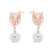 Bids.com 14K Rose Gold 1/6 Cttw Round Diamond and 8mm Round Pearl Floral Drop Stud Earrings (H-I Color, I1-I2 Clarity) Earrings White Smoke Rose.Gold / 0.15