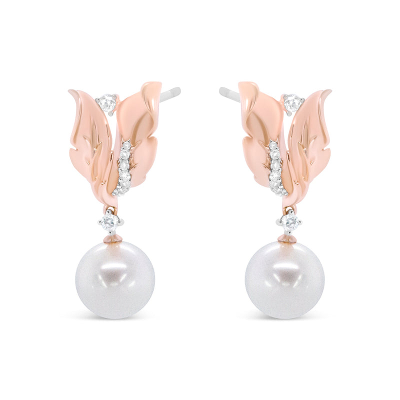 Bids.com 14K Rose Gold 1/6 Cttw Round Diamond and 8mm Round Pearl Floral Drop Stud Earrings (H-I Color, I1-I2 Clarity) Earrings White Smoke Rose.Gold / 0.15