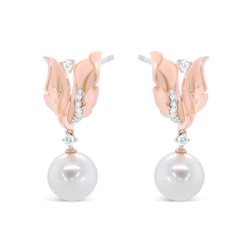 Bids.com 14K Rose Gold 1/6 Cttw Round Diamond and 8mm Round Pearl Floral Drop Stud Earrings (H-I Color, I1-I2 Clarity) Earrings White Smoke Rose.Gold / 0.15
