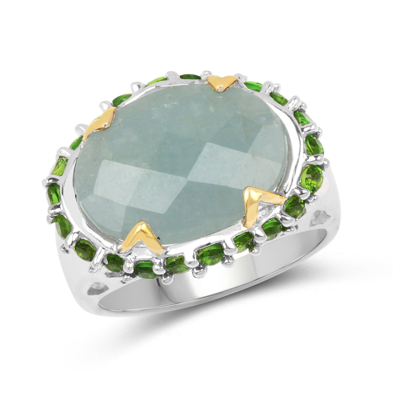 Bids.com Two Tone Plated 9.12 Carat Genuine Milky Aquamarine and Chrome Diopside .925 Sterling Silver Ring Rings White Smoke size 7.00,size 8.00,size 6.00,size 9.00