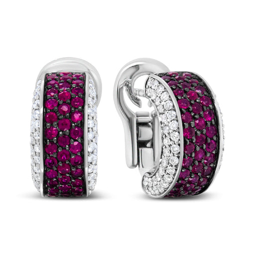 Bids.com 18K White Gold and Black Rhodium Plated 3/4 Cttw Round Diamonds and 1mm Round Red Ruby Huggie Hoop Earrings (F-G Color, VS1-VS2 Clarity) Earrings White Smoke White.Gold / 0.8