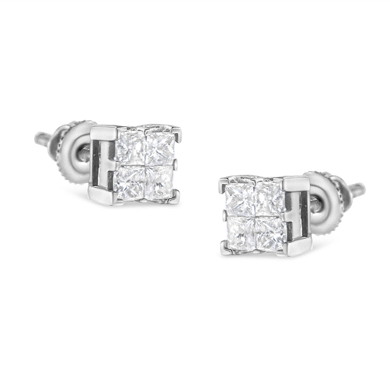 Bids.com 10K White Gold 3/4 Cttw Invisible Set Princess-Cut Diamond Composite Square Stud Earrings (H-I Color, SI2-I1 Clarity) Earrings White Smoke White.Gold / 0.75