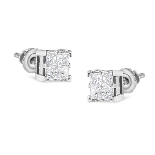 Bids.com 10K White Gold 3/4 Cttw Invisible Set Princess-Cut Diamond Composite Square Stud Earrings (H-I Color, SI2-I1 Clarity) Earrings White Smoke White.Gold / 0.75