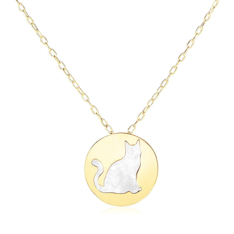 Bids.com 14k Yellow Gold Necklace with Cat Symbol in Mother of Pearl Necklaces White Smoke 16 / Yellow Gold