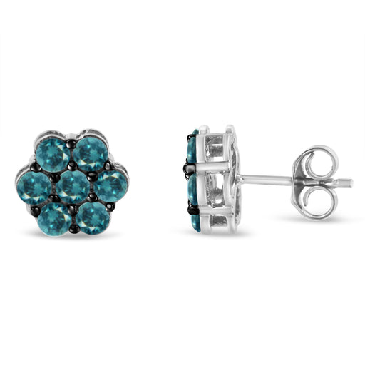 Bids.com Sterling Silver Treated Blue Diamond Floral Stud Earrings (1 cttw, Blue Color, I2-I3 Clarity) Earrings White Smoke White.Sterling Silver / 1
