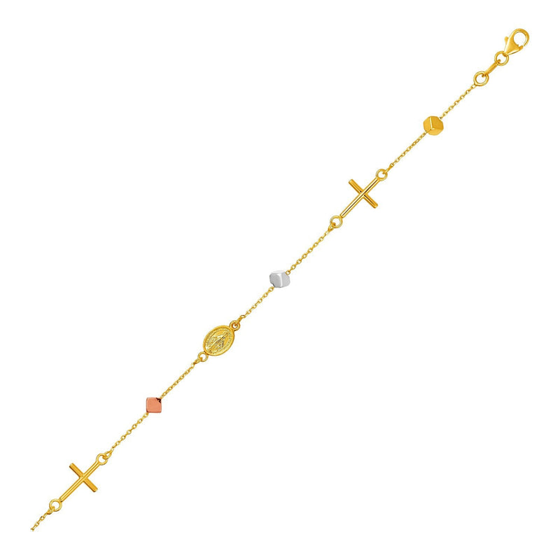 Bids.com 14k Tri Color Gold Bracelet with Crosses Cubes and Medallions Bracelets White Smoke 7.5 / Tri-Color Gold