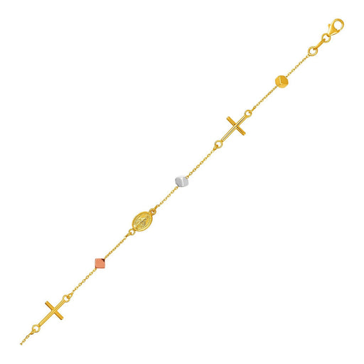 Bids.com 14k Tri Color Gold Bracelet with Crosses Cubes and Medallions Bracelets White Smoke 7.5 / Tri-Color Gold