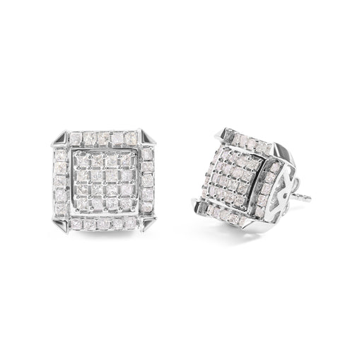 Bids.com 10K White Gold 1 1/10 Cttw Princess Diamond Composite and Halo Stud Earrings (I-J Color, I1-I2 Clarity) Earrings White Smoke White.Gold / 1.09