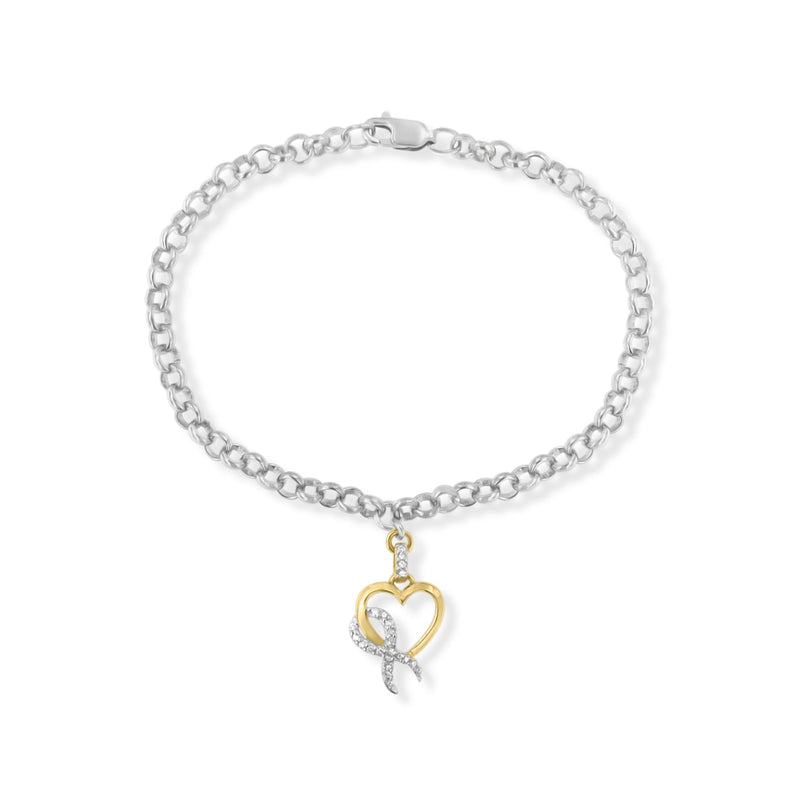 Bids.com 10K Yellow Gold 1/10 Cttw Diamond Awareness Ribbon & Heart Charm on 7" .925 Sterling Silver Rolo Bracelet (H-I Color, I1-I2 Clarity) Bracelets White Smoke YellowWhite.Gold / 7