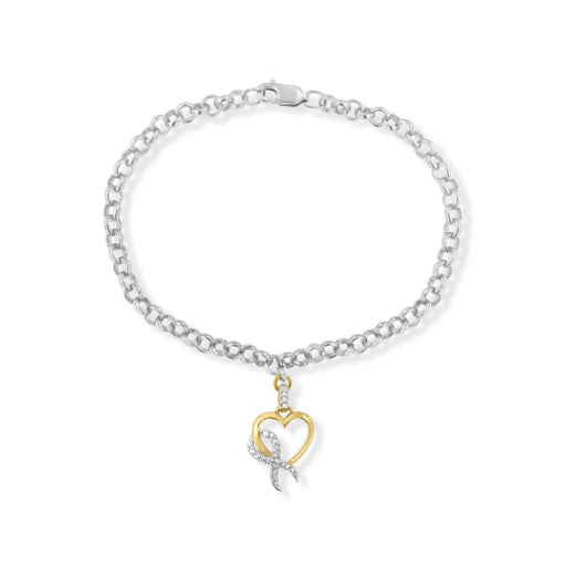 Bids.com 10K Yellow Gold 1/10 Cttw Diamond Awareness Ribbon & Heart Charm on 7" .925 Sterling Silver Rolo Bracelet (H-I Color, I1-I2 Clarity) Bracelets White Smoke YellowWhite.Gold / 7