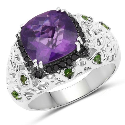 Bids.com 3.27 Carat Genuine Amethyst, Chrome Diopside & Black Diamond .925 Sterling Silver Ring Rings White Smoke size 6.00,size 8.00,size 7.00,size 5.00,size 9.00,size 10.00
