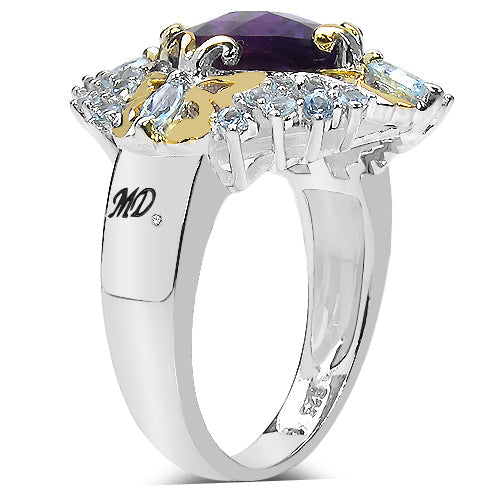 Bids.com 3.91 Carat Genuine Amethyst, Blue Topaz & White Diamond .925 Sterling Silver Ring Rings White Smoke size 8.00,size 6.00,size 7.00,size 9.00