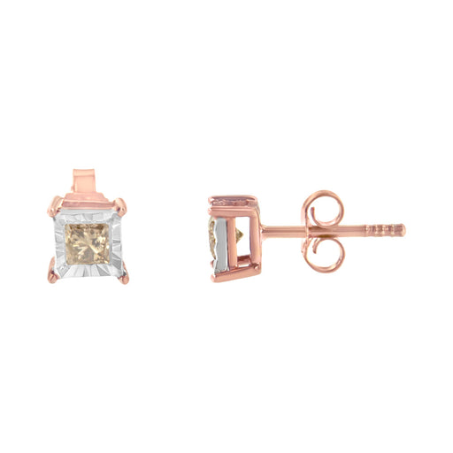 Bids.com 14K Rose Gold Plated Two-Tone .925 Sterling Silver 1/2 Cttw Princess-Cut Square Diamond Solitaire Miracle-Plate Stud Earrings (K-L Color, I2-I3 Clarity) Earrings White Smoke WhiteRose.Sterling Silver / 0.5